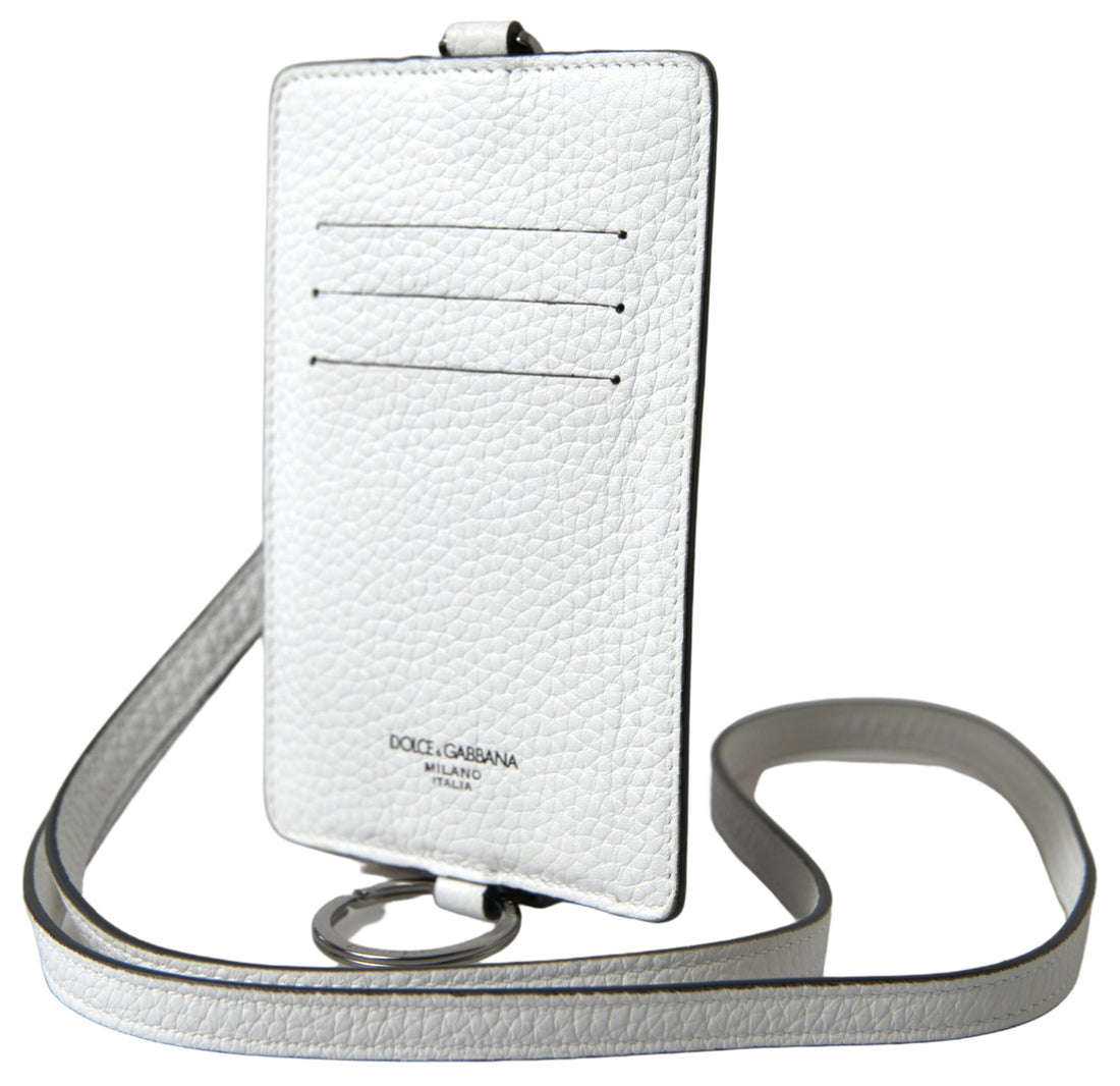 Dolce &amp; Gabbana White Leather Lanyard Logo Card Holder Men Wallet