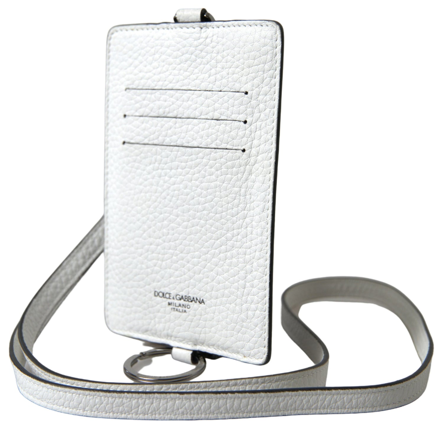 Dolce &amp; Gabbana White Leather Lanyard Logo Card Holder Men Wallet