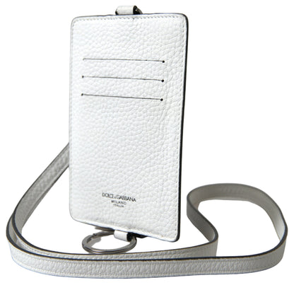 Dolce &amp; Gabbana White Leather Lanyard Logo Card Holder Men Wallet