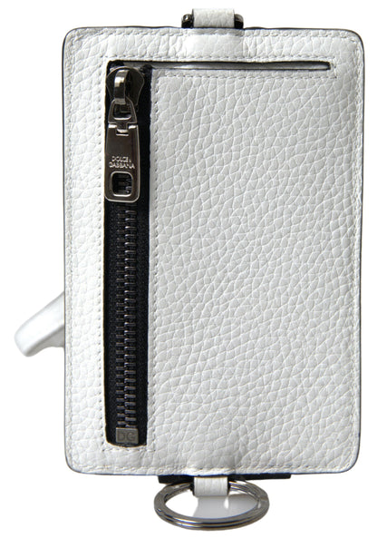 Dolce &amp; Gabbana White Leather Lanyard Logo Card Holder Men Wallet