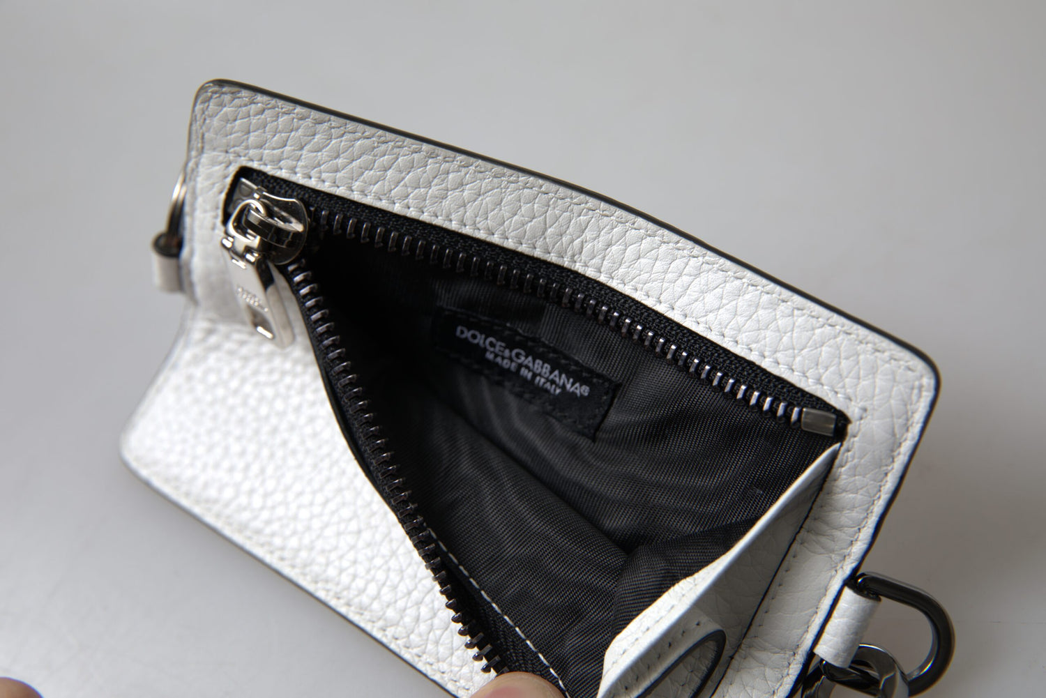 Dolce &amp; Gabbana White Leather Lanyard Logo Card Holder Men Wallet