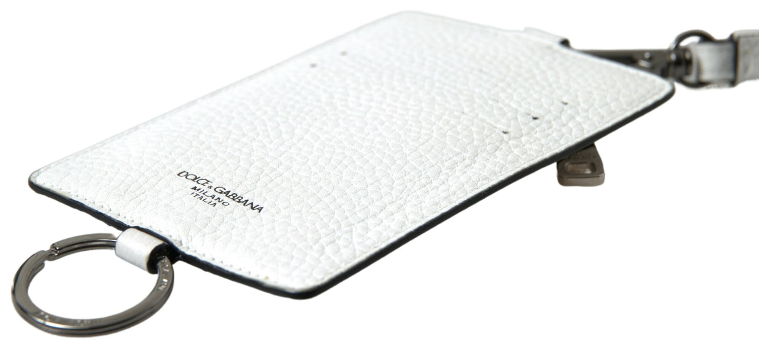 Dolce &amp; Gabbana White Leather Lanyard Logo Card Holder Men Wallet