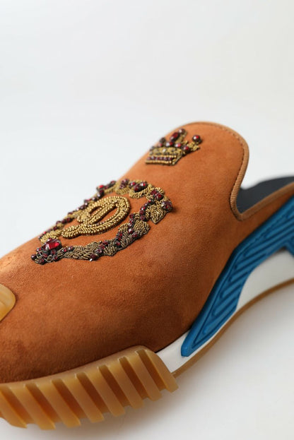 Dolce &amp; Gabbana Brown Suede Crown Logo NS1 Slides Sandals