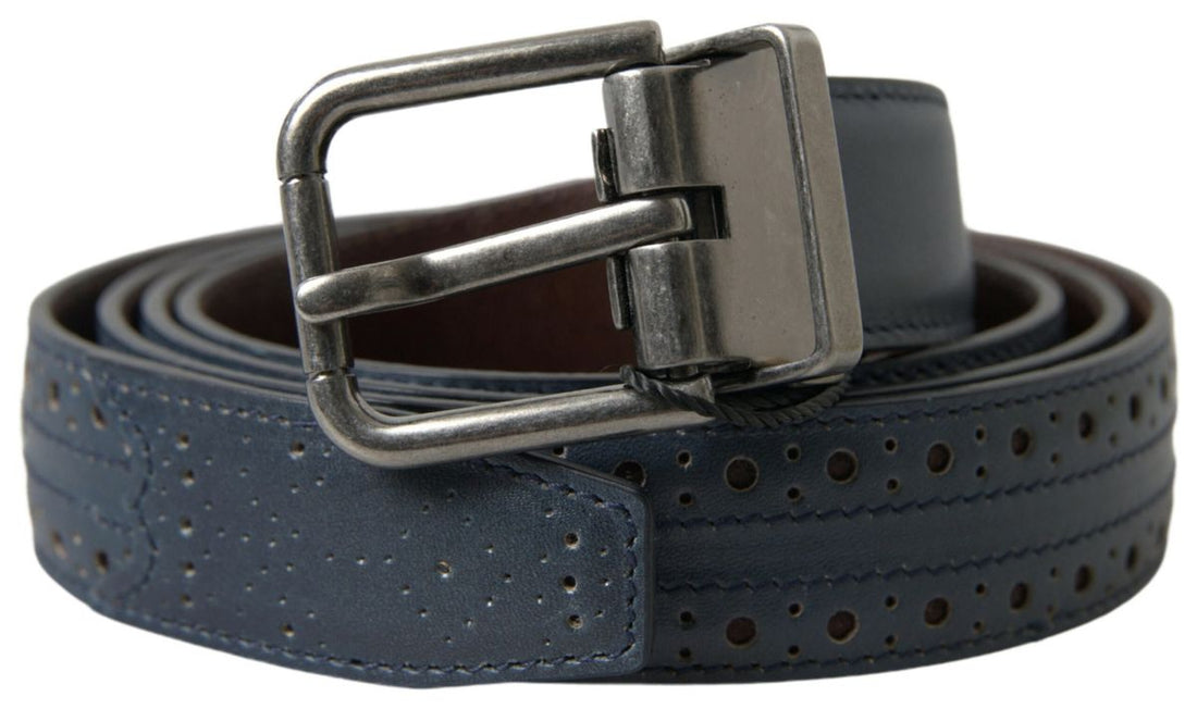 Dolce &amp;amp; Gabbana Blått Läderbälte med Perforerat Metallspänne