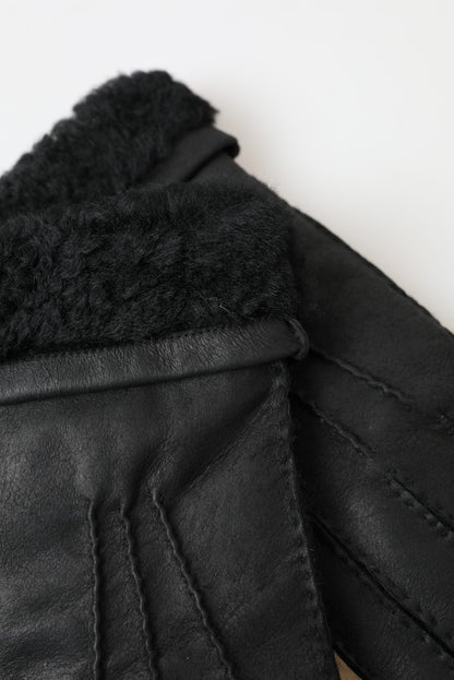 Dolce &amp;amp; Gabbana Svarta Läderpäls Korta Händer Mitten Herrhandskar