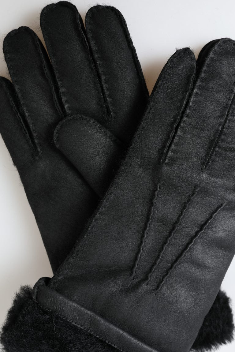 Dolce &amp;amp; Gabbana Svarta Läderpäls Korta Händer Mitten Herrhandskar