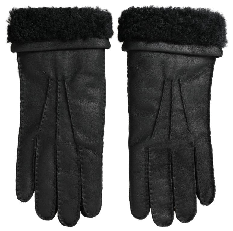 Dolce &amp;amp; Gabbana Svarta Läderpäls Korta Händer Mitten Herrhandskar