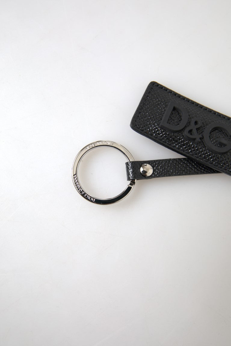 Dolce &amp;amp; Gabbana Svart DG-logotyp Läder Silver Metallnyckelring