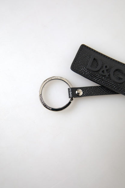 Dolce &amp;amp; Gabbana Svart DG-logotyp Läder Silver Metallnyckelring