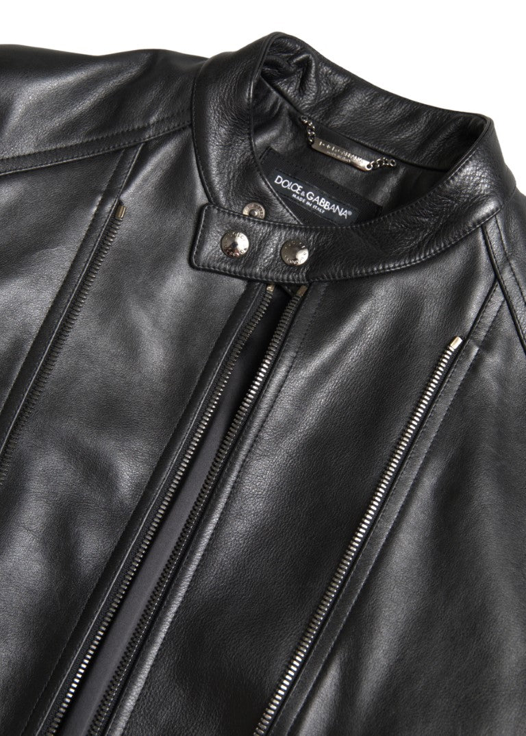 Dolce &amp; Gabbana Black Leather Zipper Coat Men Jacket