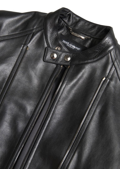 Dolce &amp; Gabbana Black Leather Zipper Coat Men Jacket