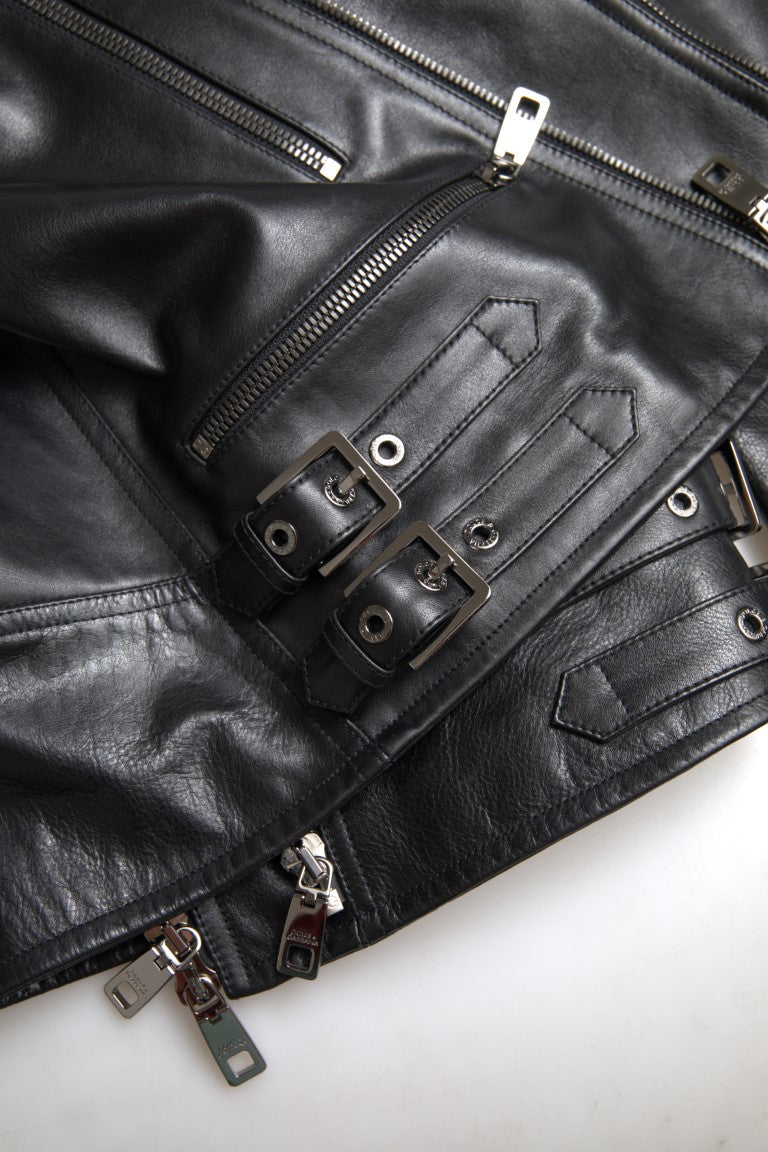 Dolce &amp; Gabbana Black Leather Zipper Coat Men Jacket