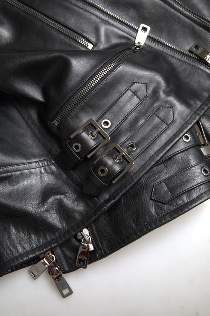 Dolce &amp; Gabbana Black Leather Zipper Coat Men Jacket