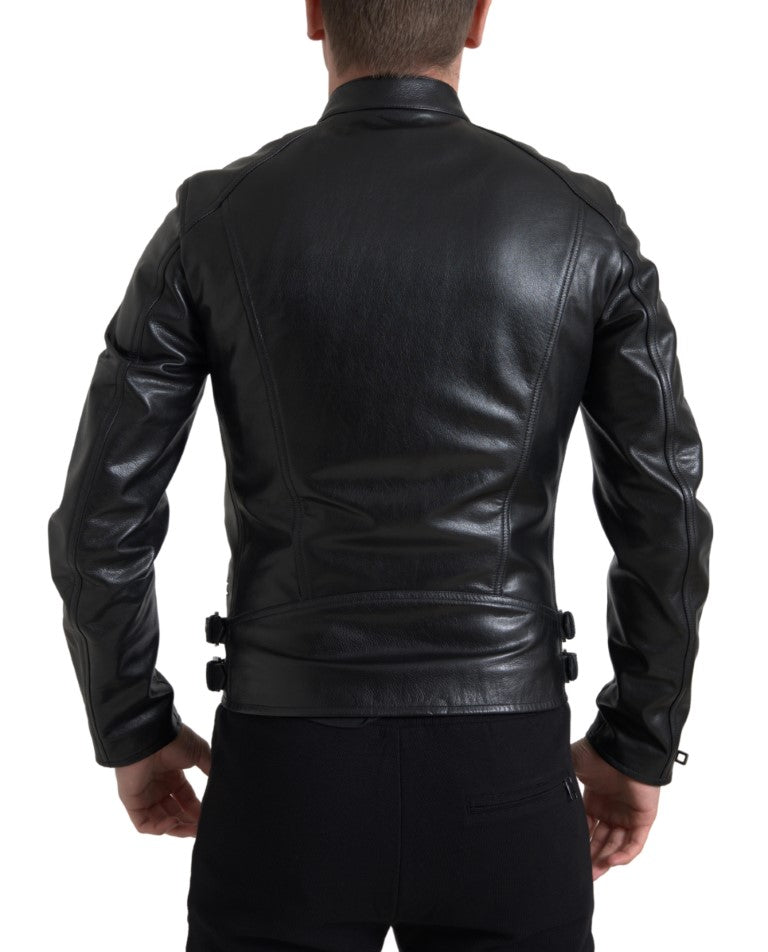 Dolce &amp; Gabbana Black Leather Zipper Coat Men Jacket