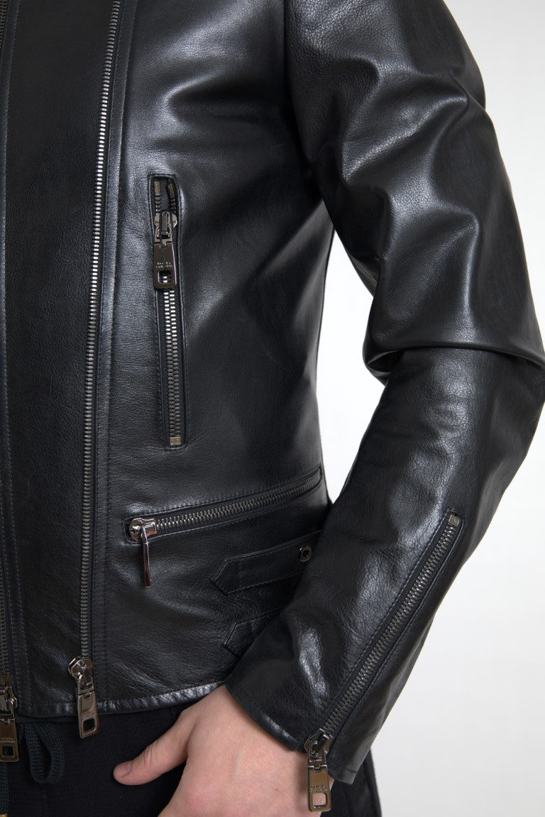 Dolce &amp; Gabbana Black Leather Zipper Coat Men Jacket
