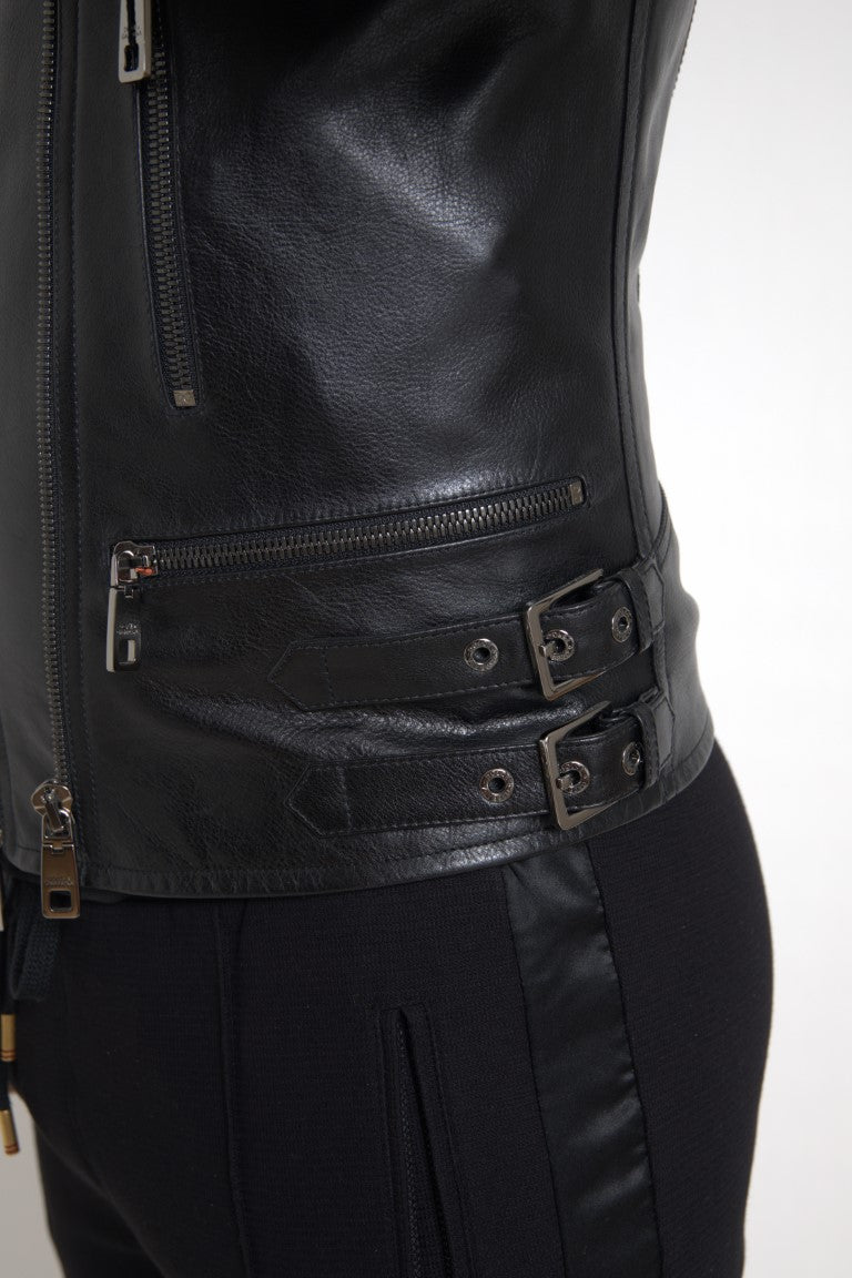 Dolce &amp; Gabbana Black Leather Zipper Coat Men Jacket