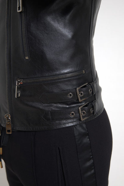 Dolce &amp; Gabbana Black Leather Zipper Coat Men Jacket