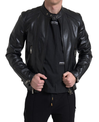 Dolce &amp; Gabbana Black Leather Zipper Coat Men Jacket