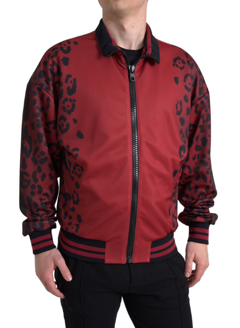 Dolce &amp;amp; Gabbana Röd Leopardfärgad Polyester Bomberjacka med Hel Dragkedja