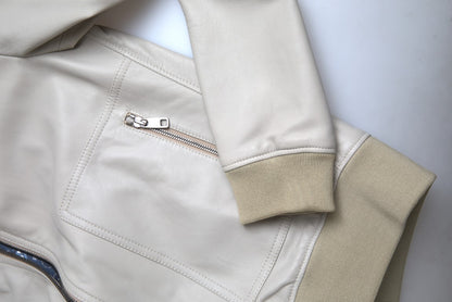 Dolce &amp; Gabbana Cream Leather Bomber Blouson Full Zip Jacket