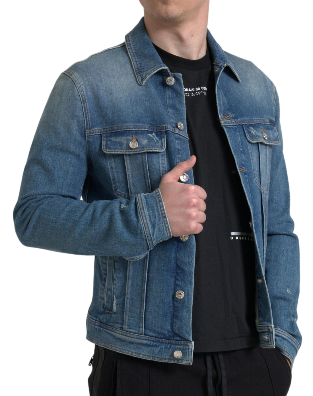 Dolce &amp; Gabbana Blue Washed Cotton Stretch Denim Men Jacket