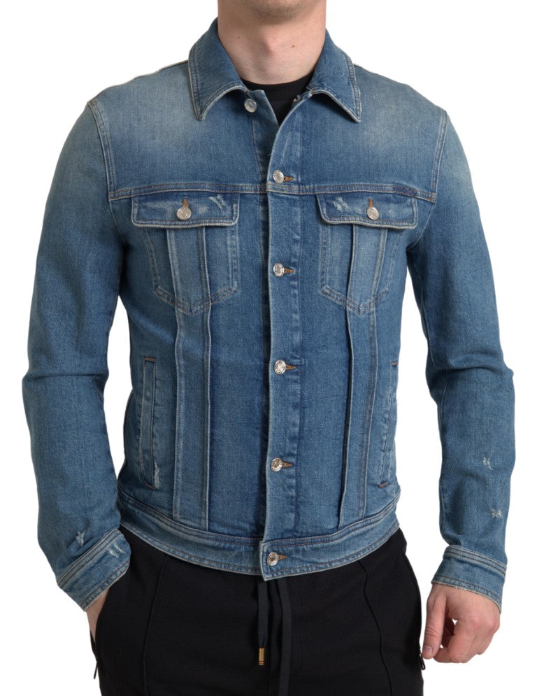 Dolce &amp; Gabbana Blue Washed Cotton Stretch Denim Men Jacket