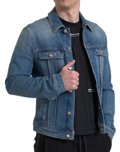Dolce &amp; Gabbana Blue Washed Cotton Stretch Denim Men Jacket