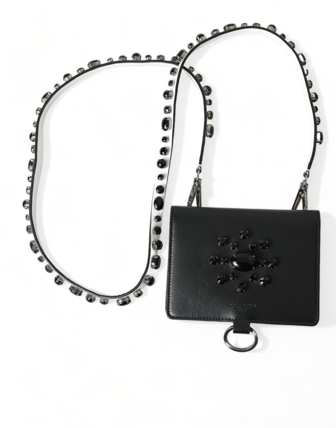 Dolce &amp; Gabbana Black Leather Crystal Embellished Card Holder Wallet