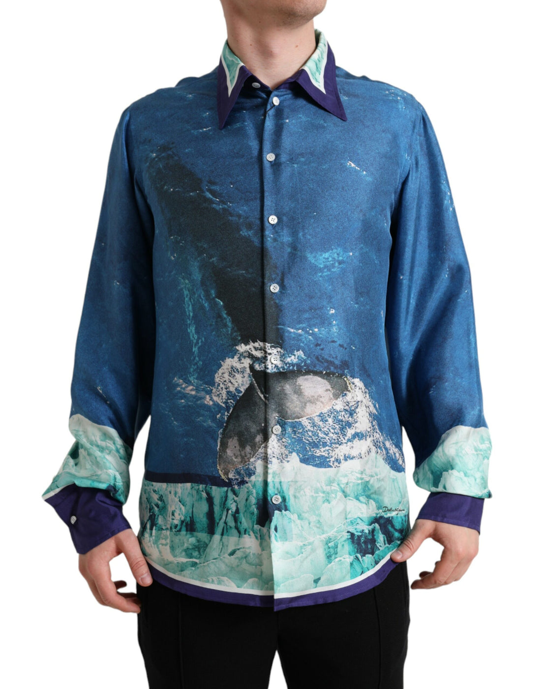 Dolce &amp;amp; Gabbana Blå Havsmönstrad Sidenskjorta Med Krage Och Button Down