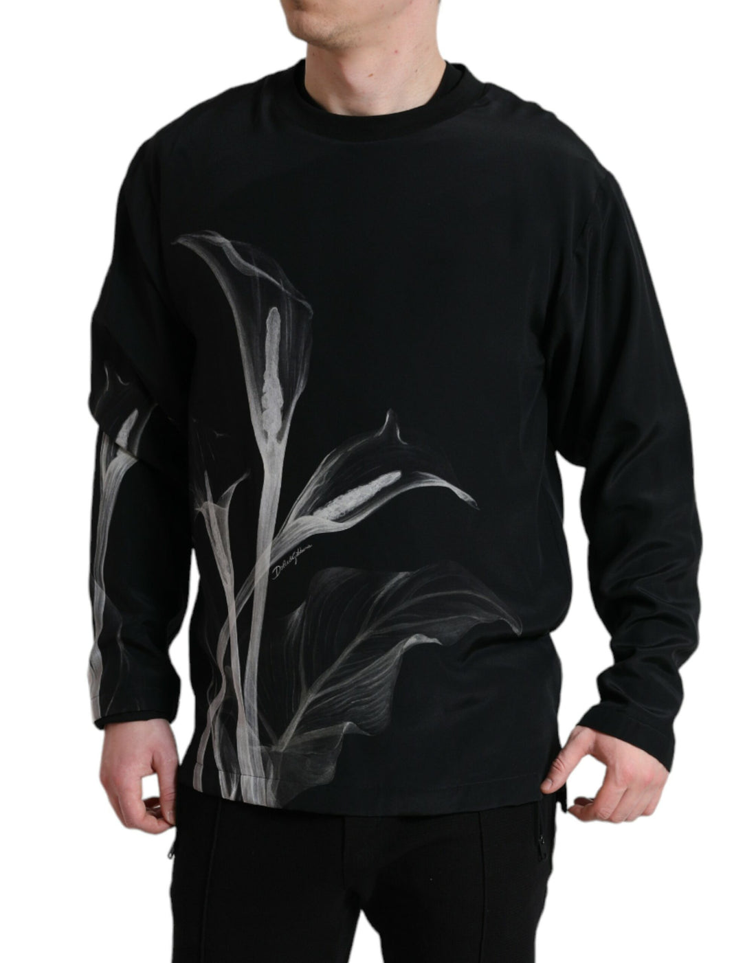 Dolce &amp; Gabbana Black Floral Print Crewneck Pullover Sweater