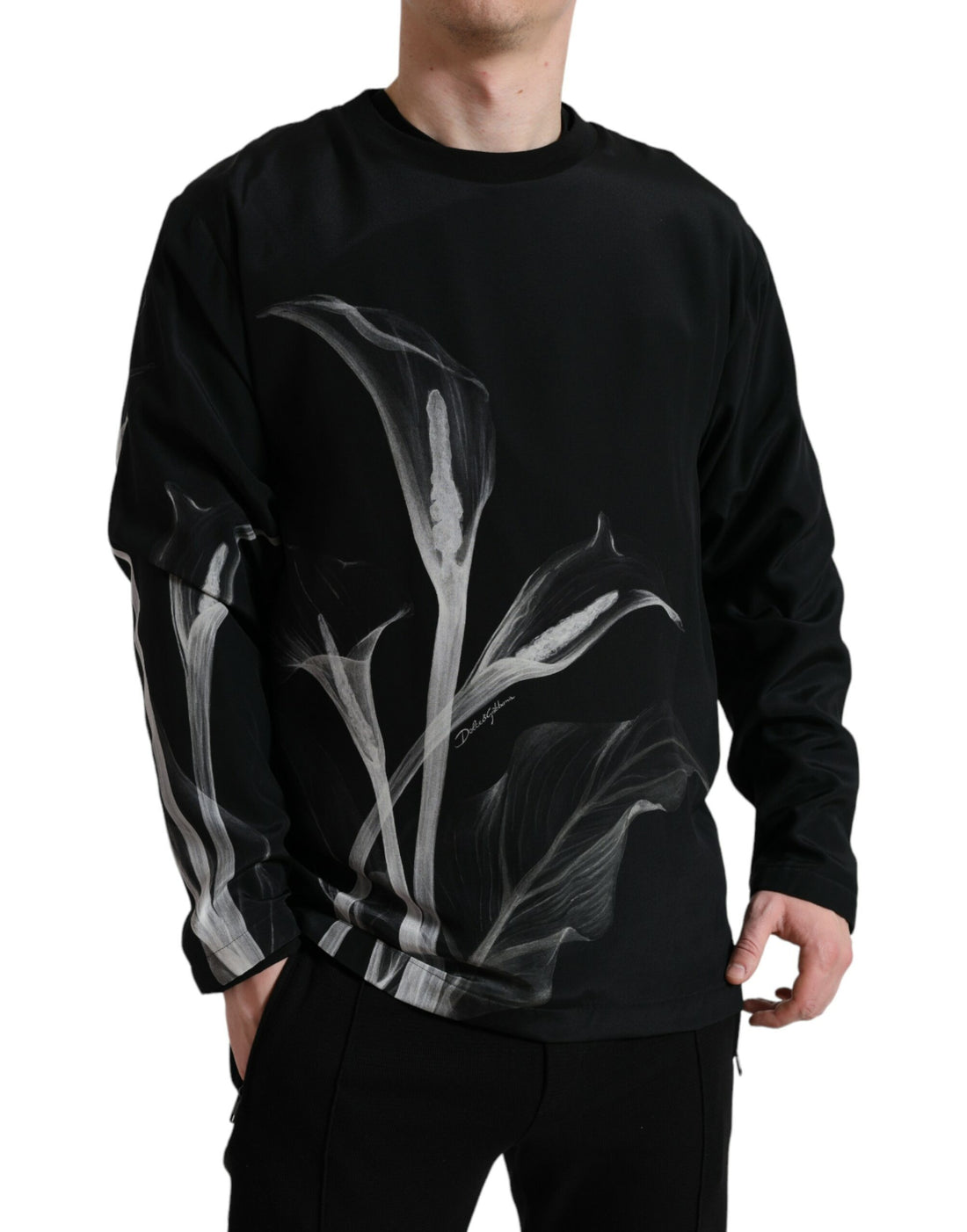 Dolce &amp; Gabbana Black Floral Print Crewneck Pullover Sweater