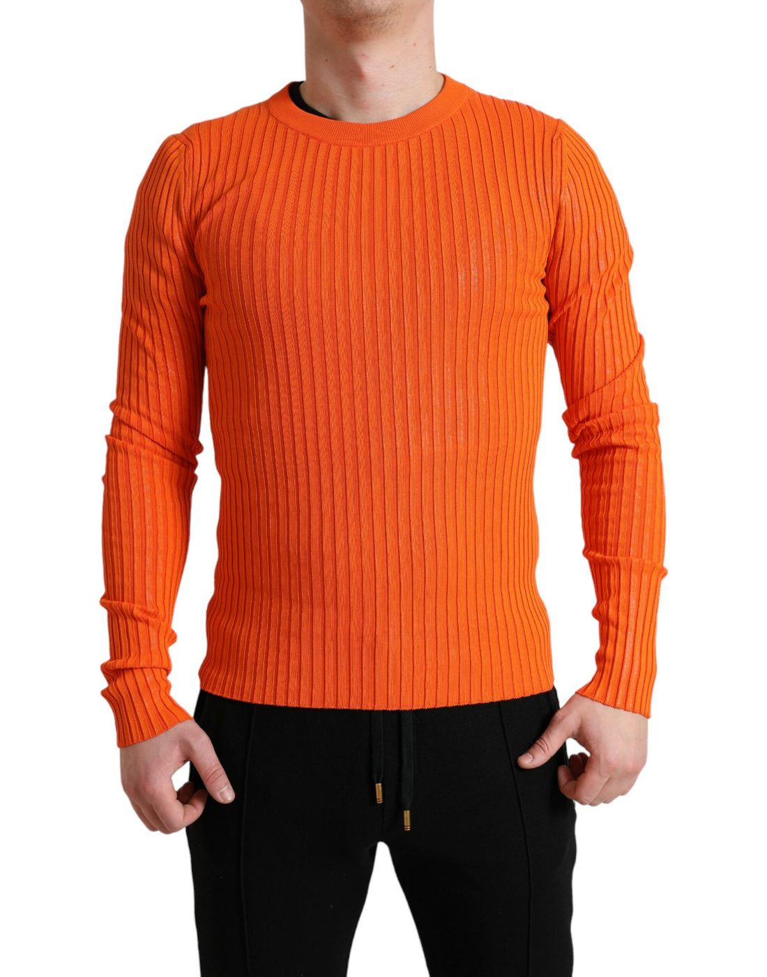 Dolce &amp; Gabbana Orange Knitted Crewneck Men Pullover Sweater