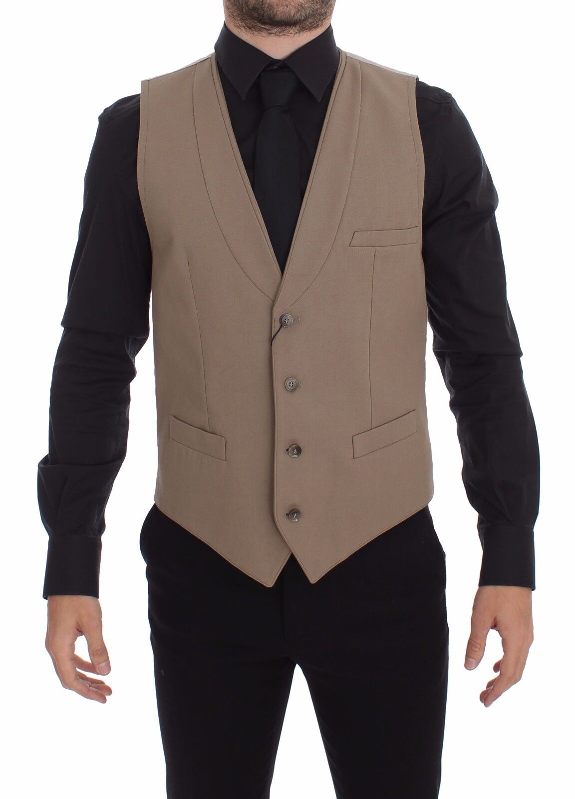 Dolce &amp;amp; Gabbana Beige Bomullsklänning med Slim Fit och Knappar Framtill