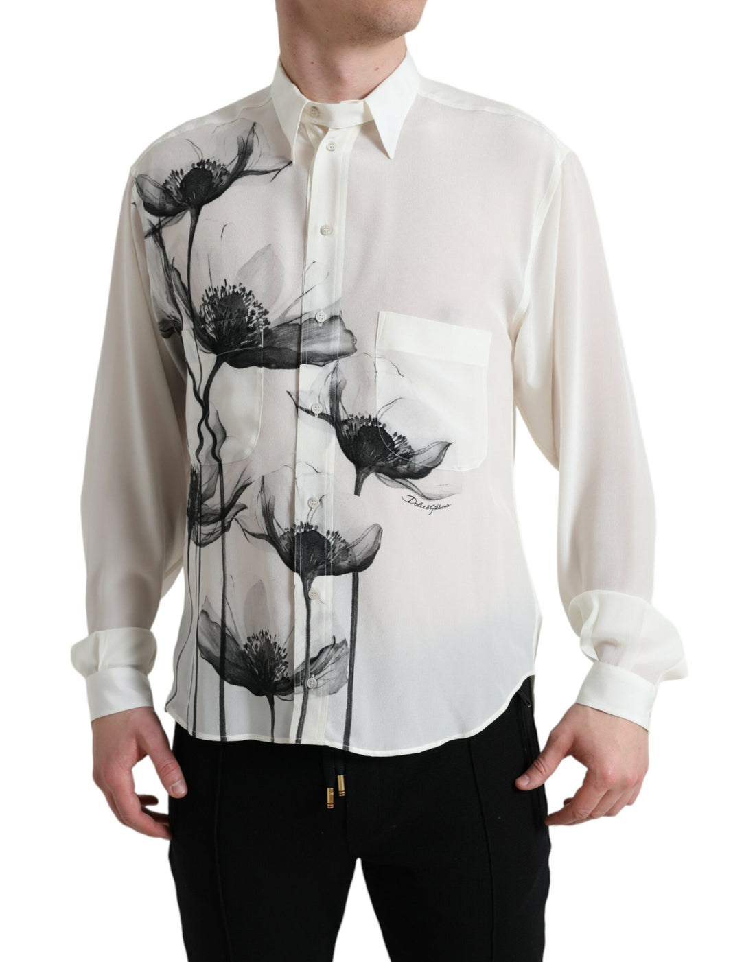 Dolce &amp;amp; Gabbana Vit Blommig Krageklänning Sidenskjorta
