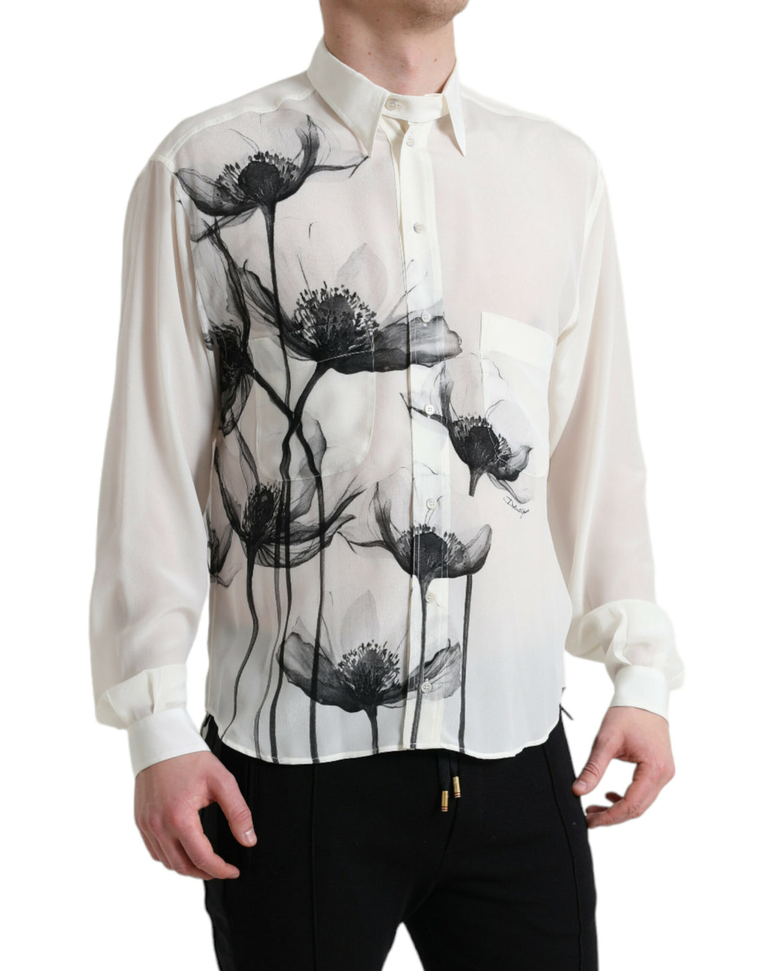 Dolce &amp;amp; Gabbana Vit Blommig Krageklänning Sidenskjorta