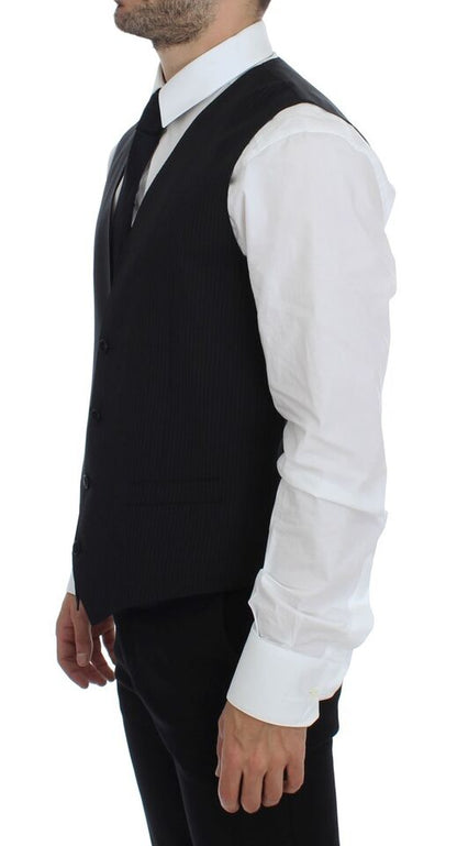Dolce &amp; Gabbana Black Striped Wool Single Breasted Vest