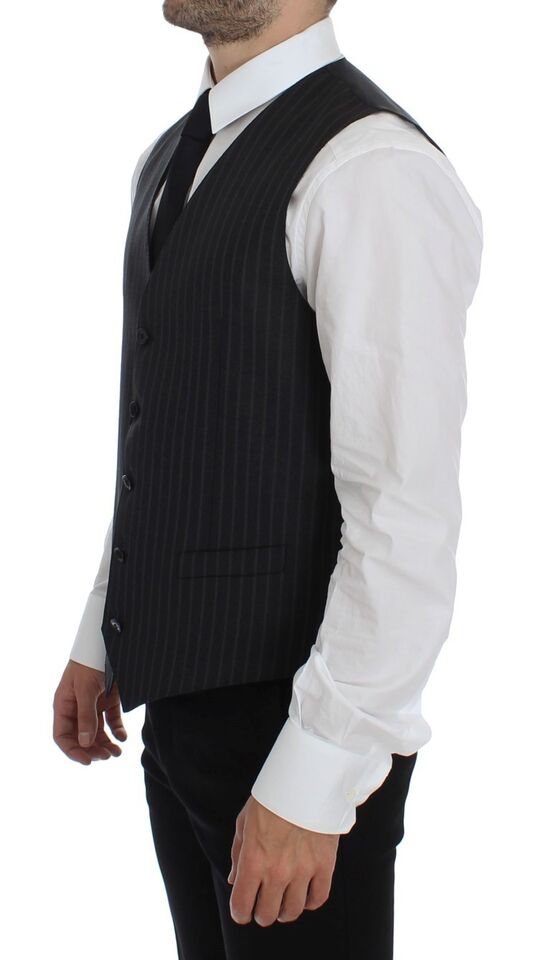 Dolce &amp; Gabbana Gray Striped Wool Logo Vest Gilet Weste