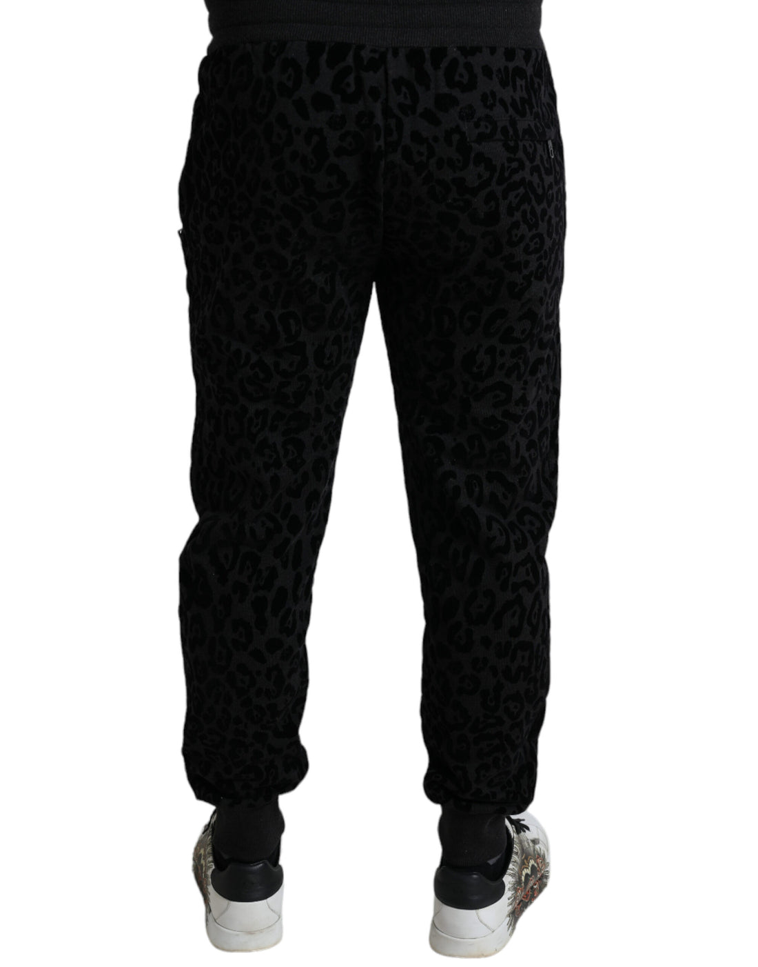 Dolce &amp;amp; Gabbana Svarta Leopardfärgade Joggingbyxor i Bomull med Slim Fit