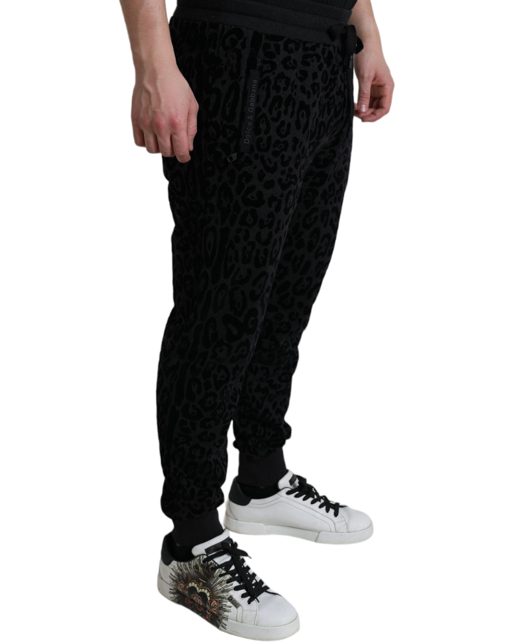Dolce &amp; Gabbana Black Leopard Cotton Slim Fit Jogger Pants