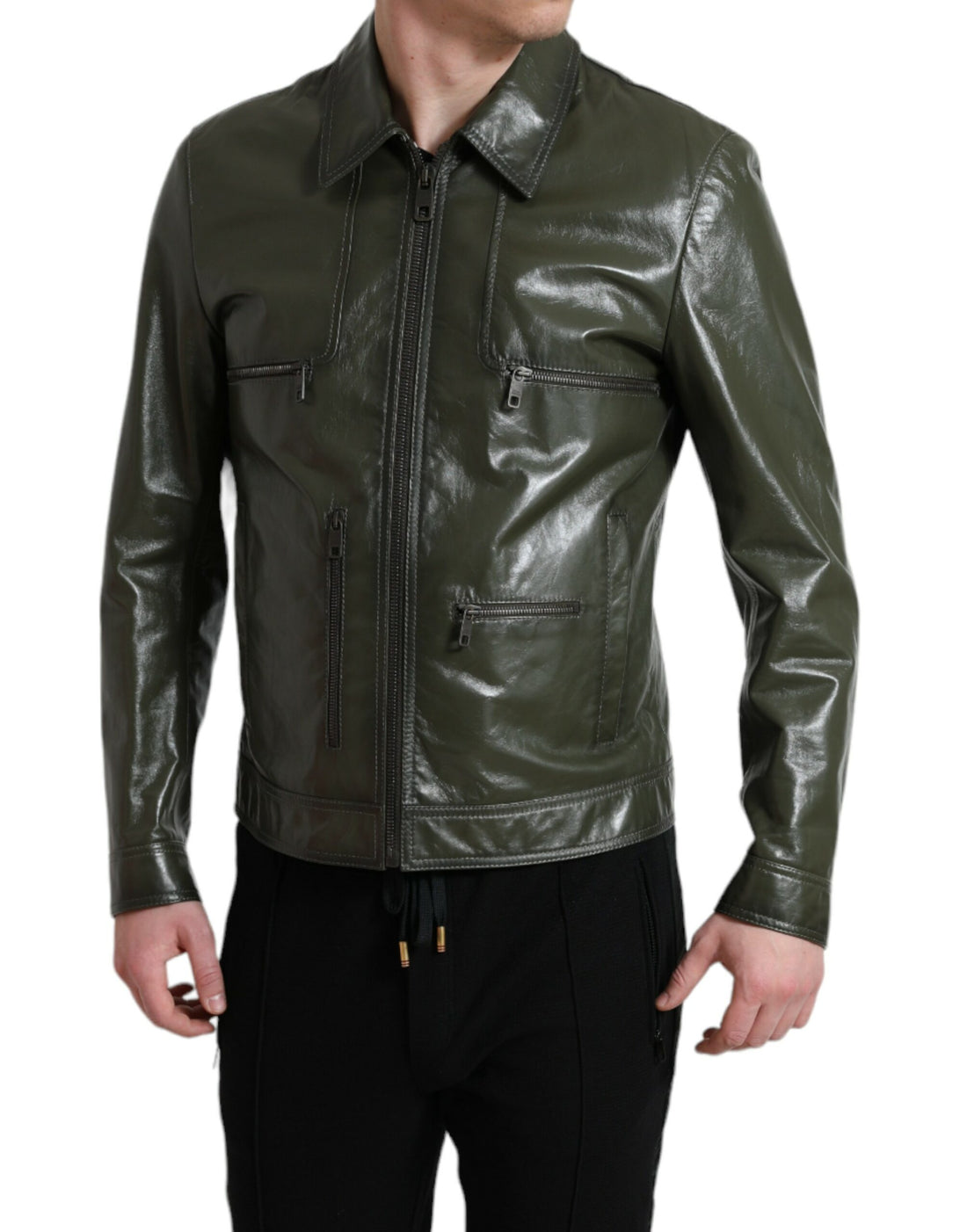 Dolce &amp; Gabbana Green Leather Collared Biker Full Zip Jacket