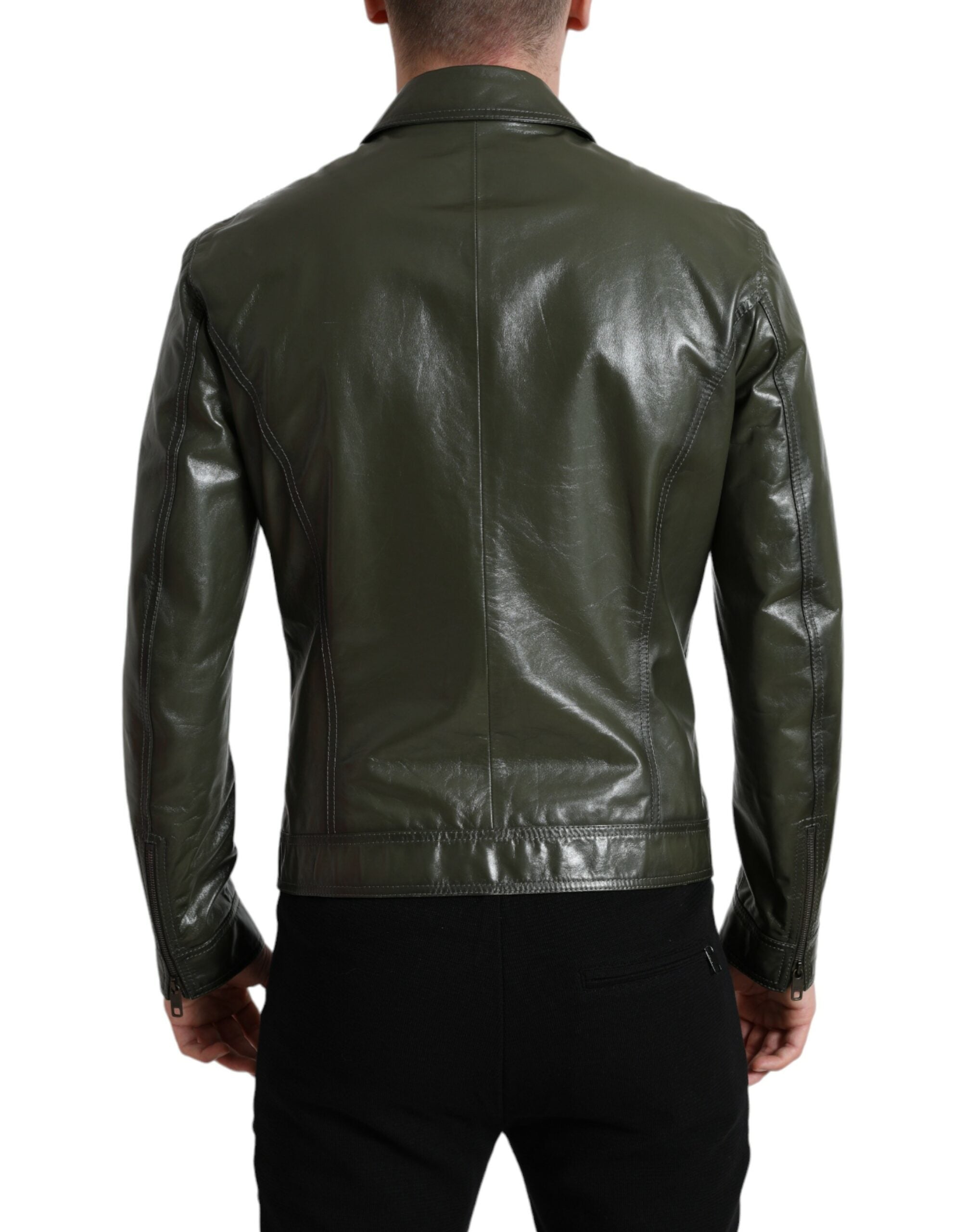 Dolce &amp; Gabbana Green Leather Collared Biker Full Zip Jacket