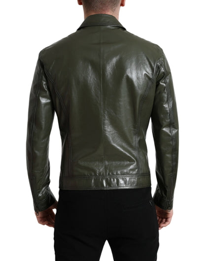 Dolce &amp; Gabbana Green Leather Collared Biker Full Zip Jacket
