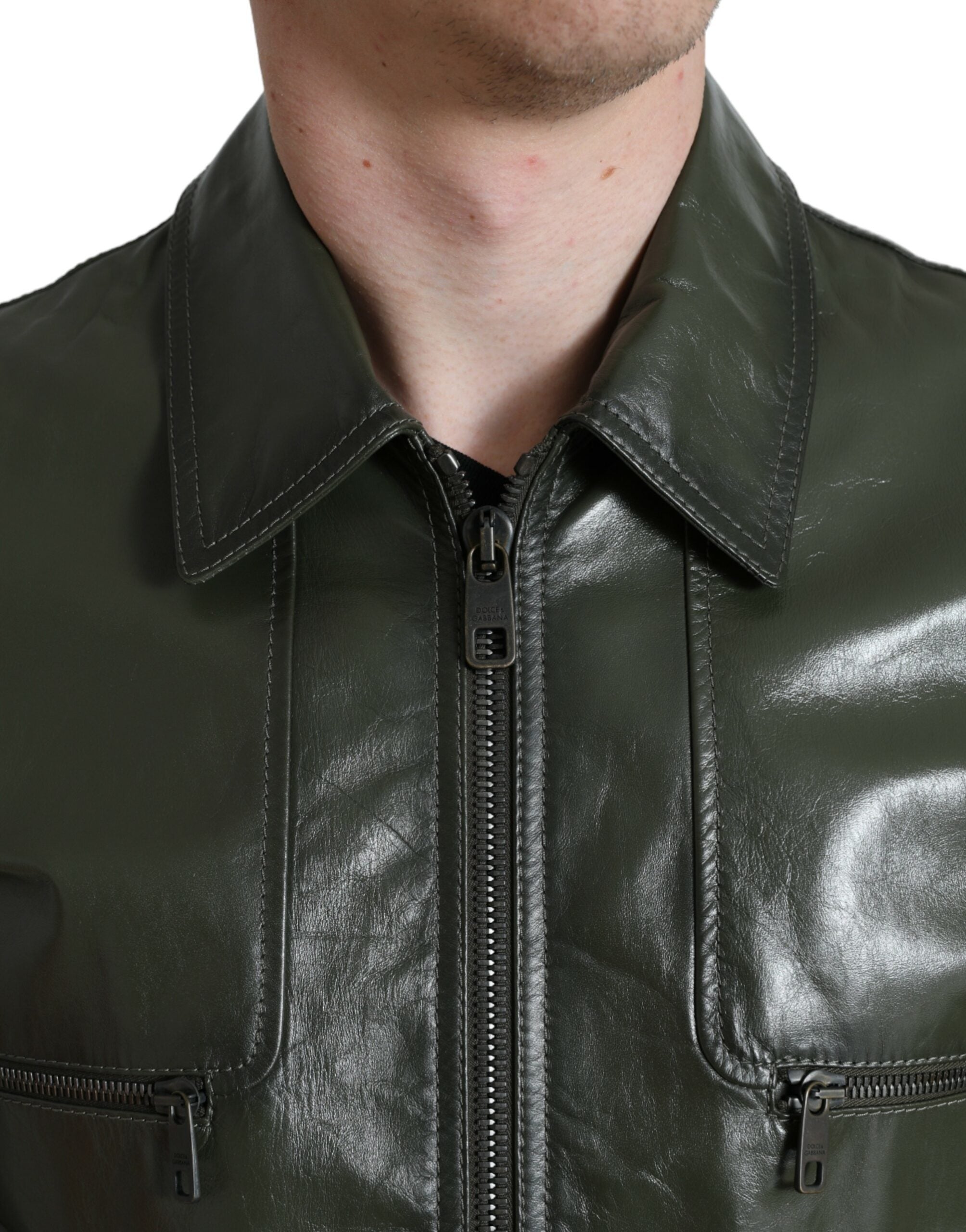 Dolce &amp; Gabbana Green Leather Collared Biker Full Zip Jacket