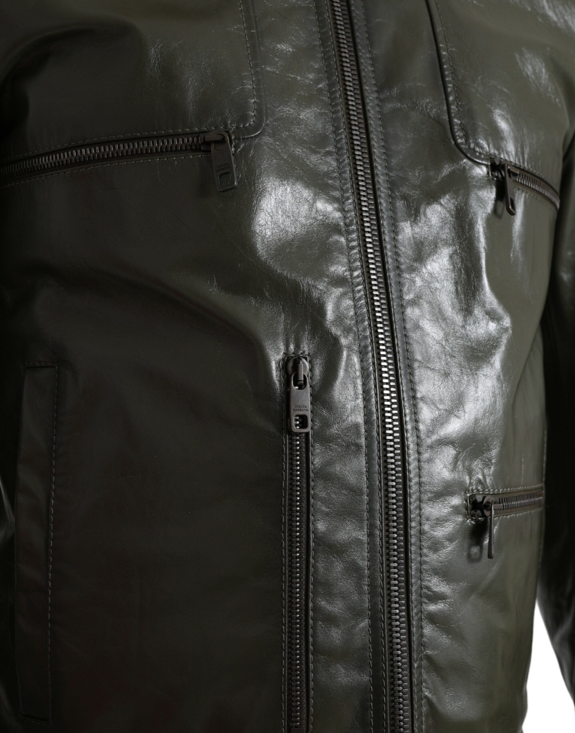 Dolce &amp; Gabbana Green Leather Collared Biker Full Zip Jacket