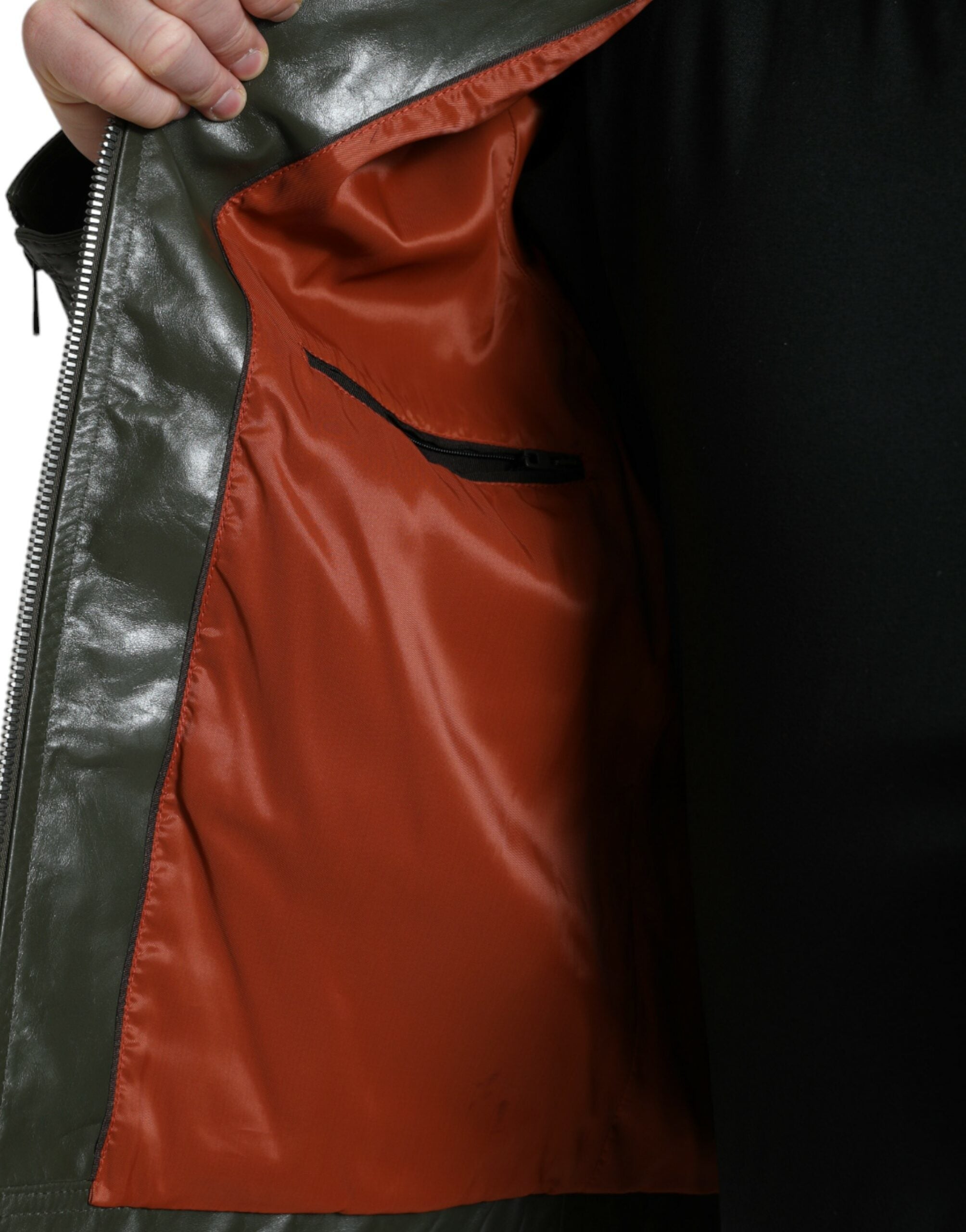 Dolce &amp; Gabbana Green Leather Collared Biker Full Zip Jacket