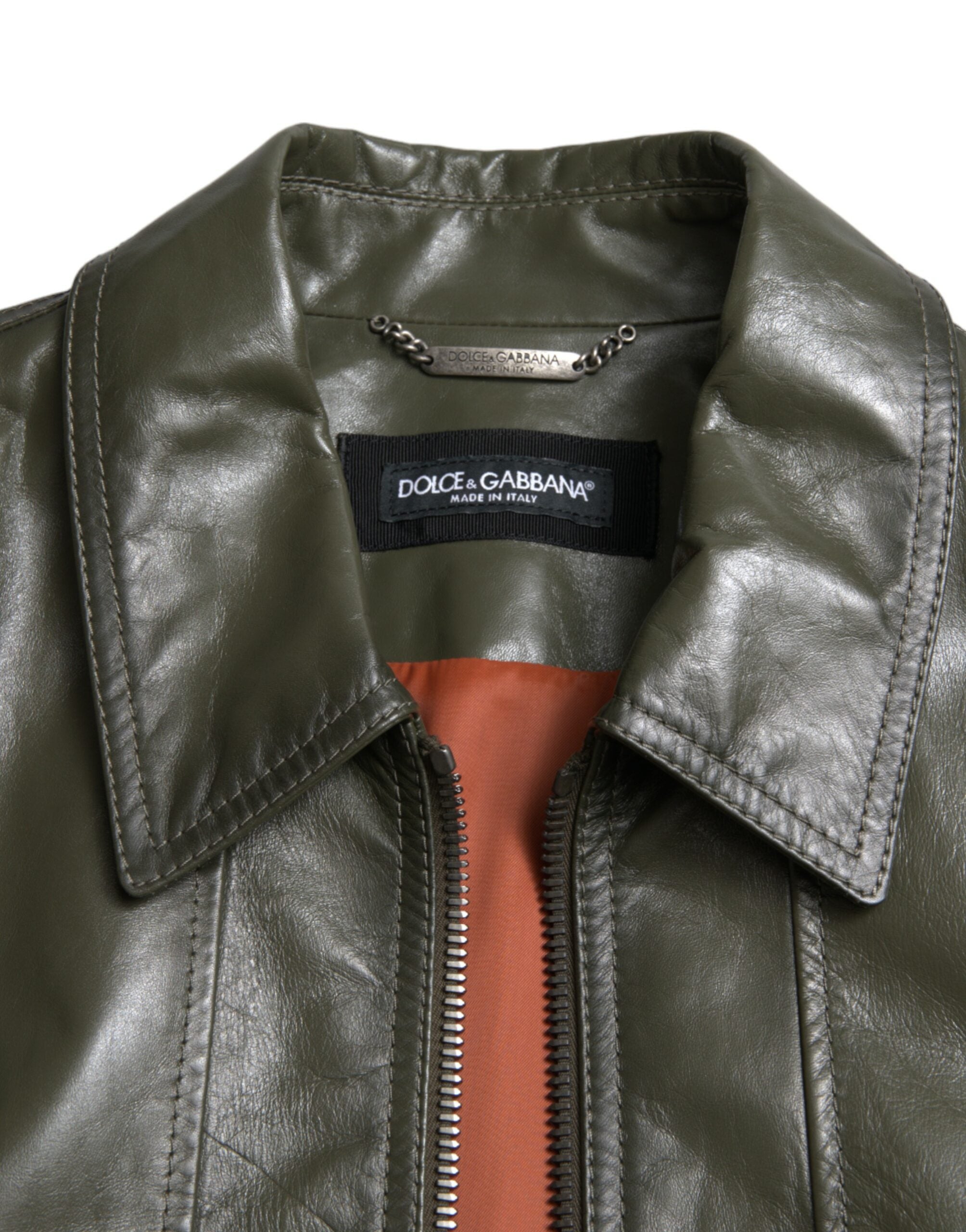 Dolce &amp; Gabbana Green Leather Collared Biker Full Zip Jacket