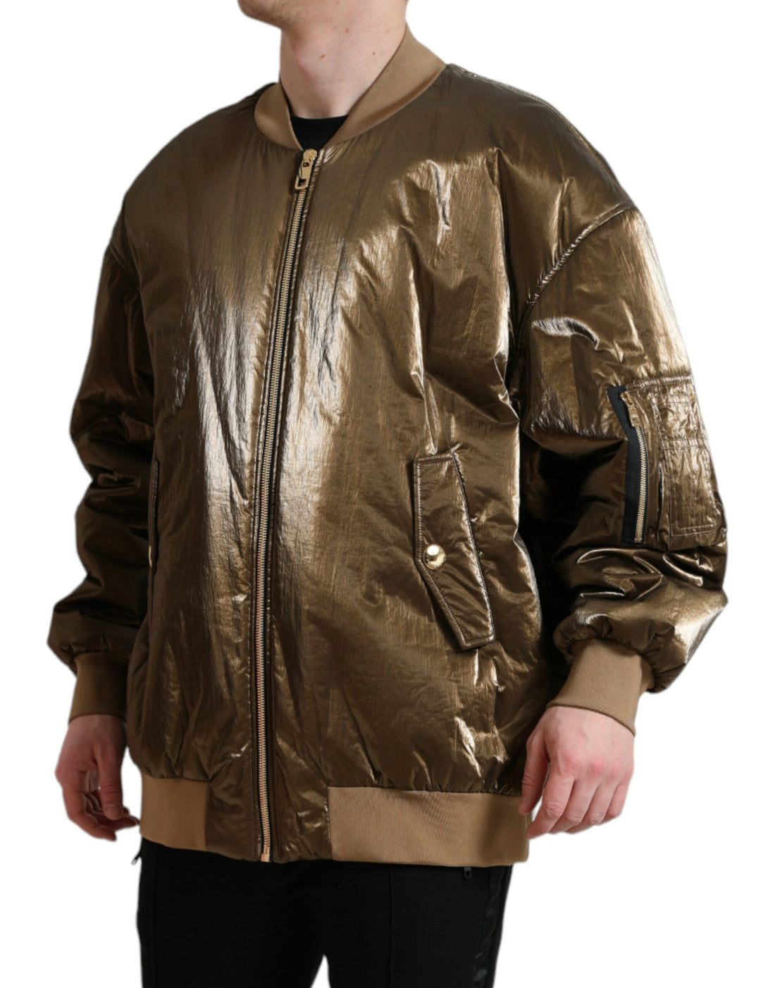 Dolce &amp; Gabbana Bronze Nylon Full Zip Men Bomber Jacket
