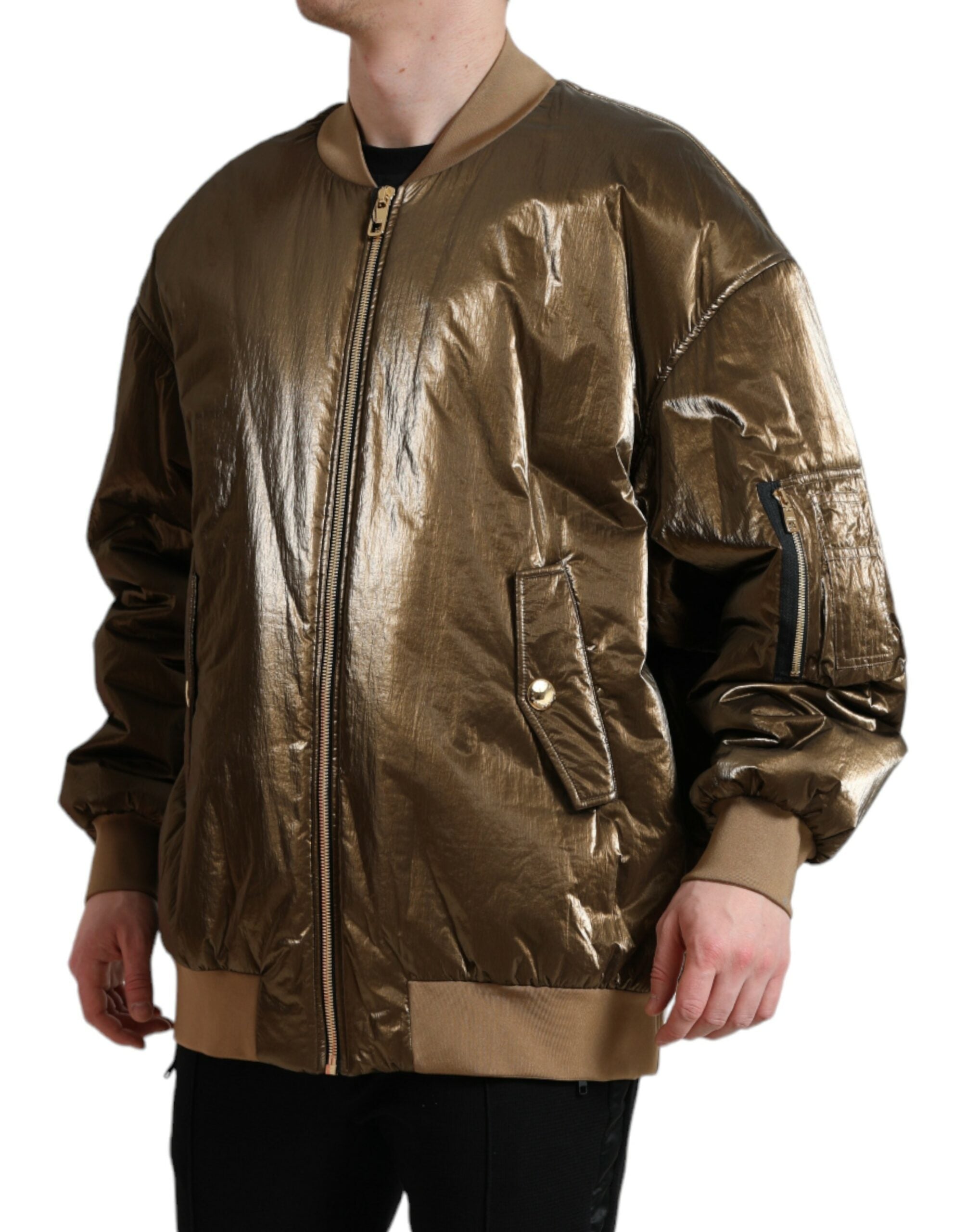 Dolce &amp; Gabbana Bronze Nylon Full Zip Men Bomber Jacket