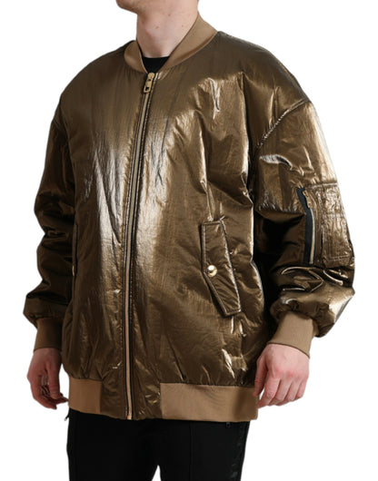 Dolce &amp; Gabbana Bronze Nylon Full Zip Men Bomber Jacket