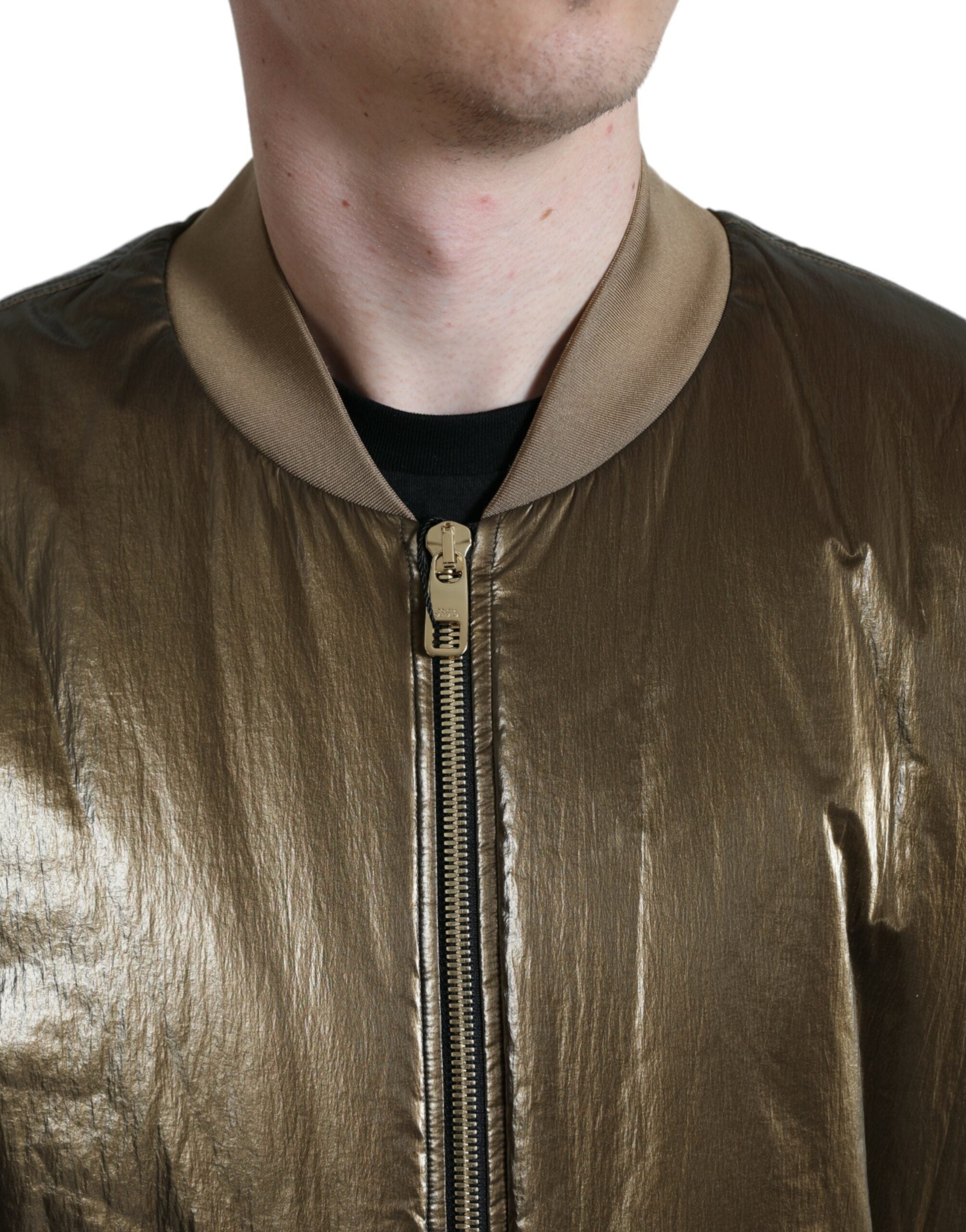 Dolce &amp; Gabbana Bronze Nylon Full Zip Men Bomber Jacket